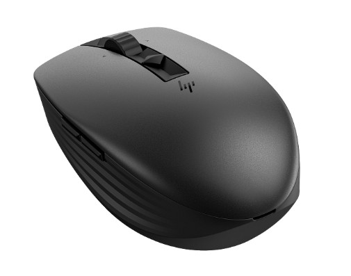 Siyah bir HP kablosuz fare. Kaydırma tekerleği, iki yan düğmesi ve HP logosu vardır.