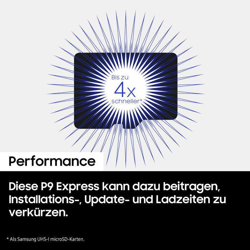 Das Bild zeigt eine schwarze SD-Karte mit blauen Strahlen. Der Text lautet 'Bis zu 4x schneller'. Darunter 'Performance' und weiterer deutscher Text.