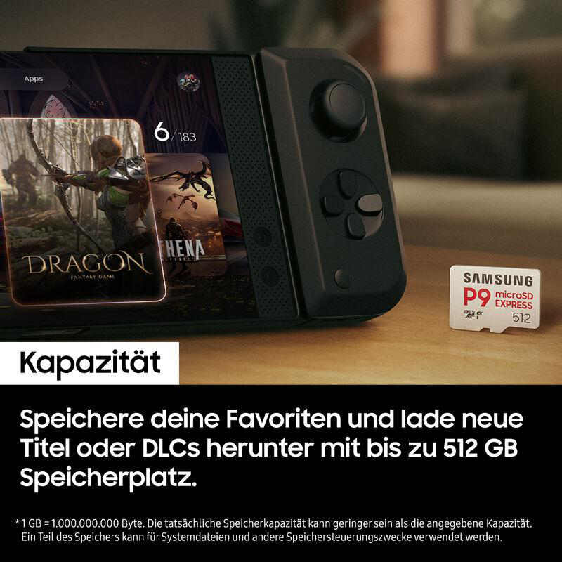 Handheld-Spielgerät mit Spielcovern, 512 GB microSD-Karte und Text zur Speicherkapazität.