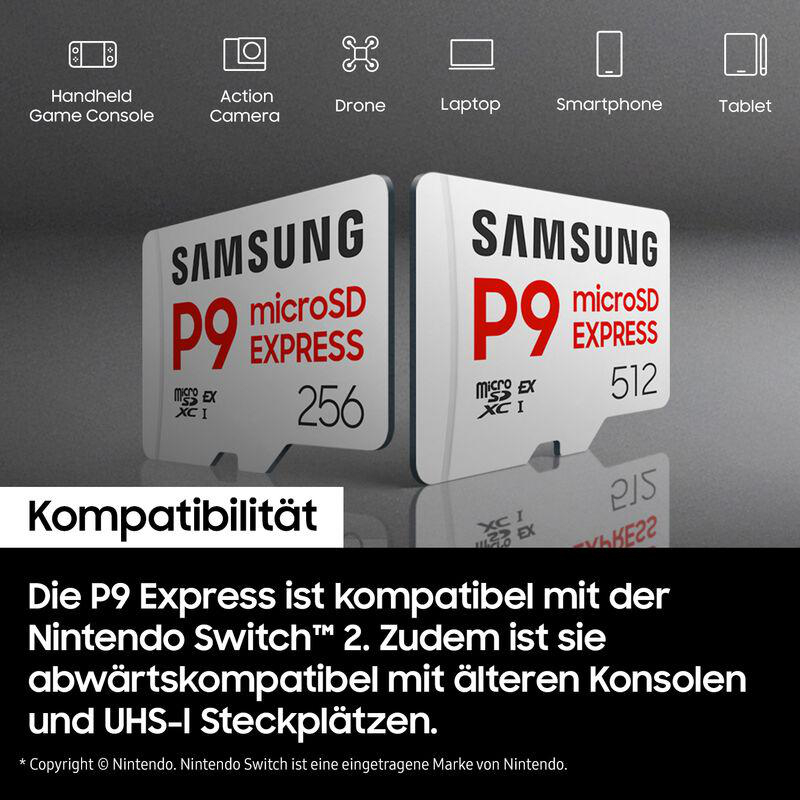 Zwei Samsung microSD-Karten mit 'P9 microSD EXPRESS' und Speicherkapazitäten von 256 GB und 512 GB. Text unten zeigt Kompatibilität.