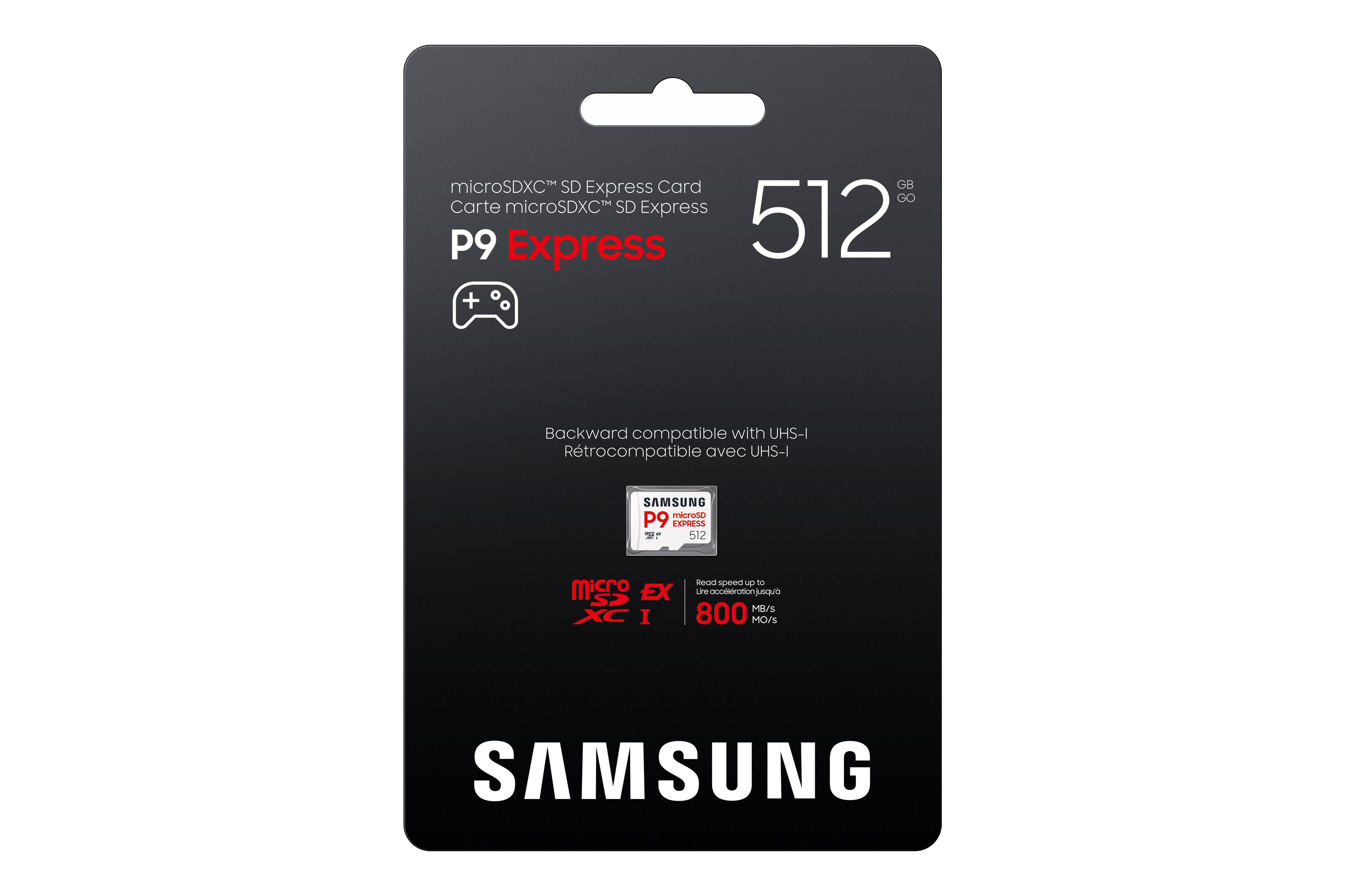 Eine schwarze Verpackung mit einer Samsung microSD-Karte. Sie zeigt die Kapazität und Geschwindigkeit.