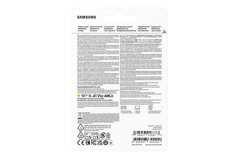 Rückseite einer Samsung-Produktverpackung mit Wasser-, Abrieb-, Röntgen-, Temperatur-, Magnet- und Sturzfestigkeit.