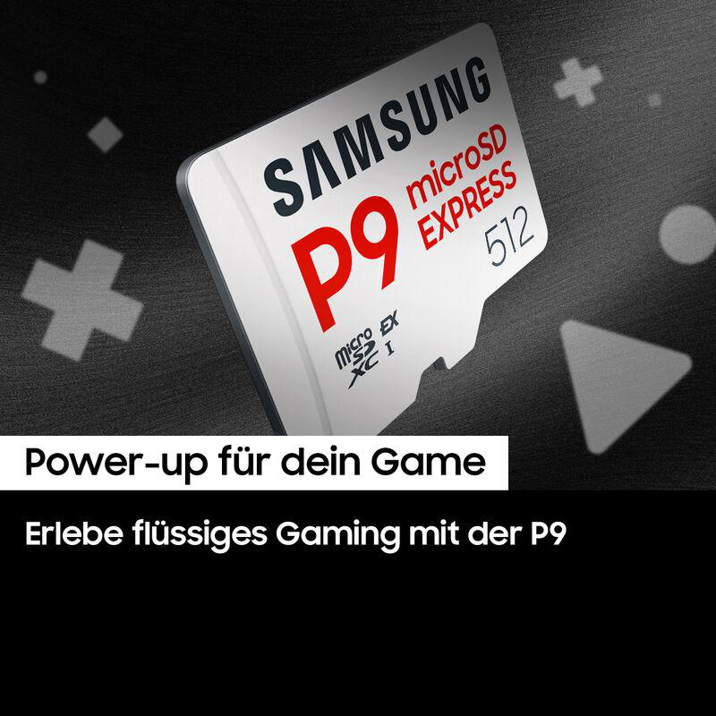 Eine Samsung microSD-Karte, Modell P9, 512 GB, auf schwarzem Hintergrund. Text: Power-up für dein Game, Erlebe flüssiges Gaming.