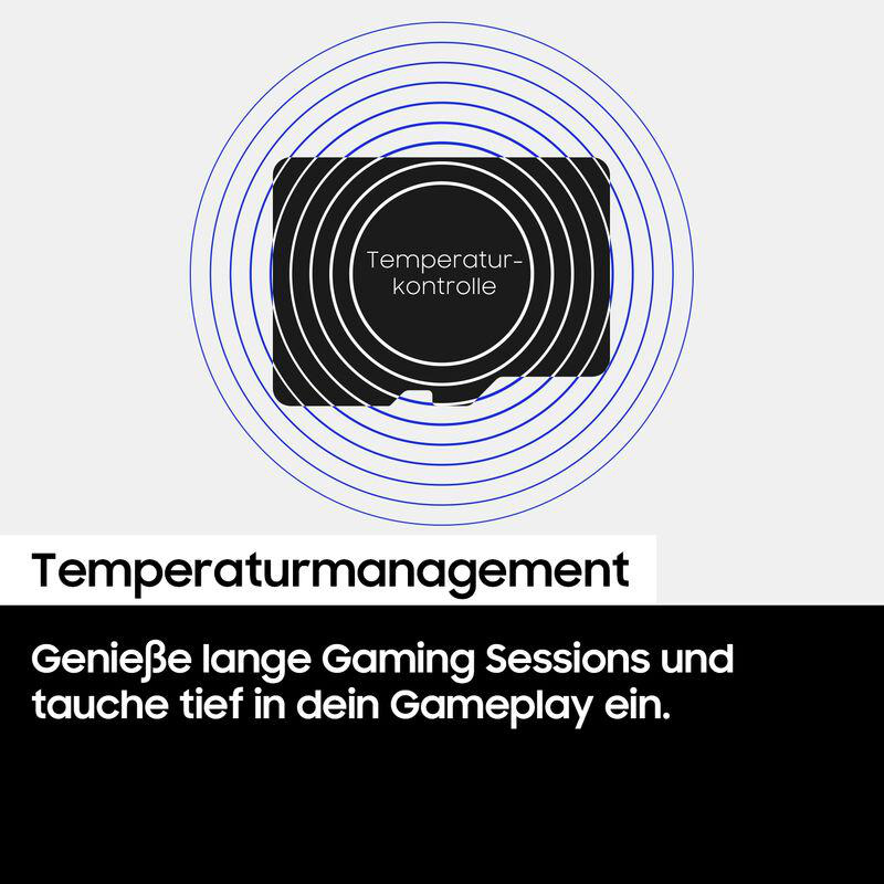 Das Bild zeigt ein schwarzes Quadrat mit konzentrischen Kreisen. Text: 'Temperaturkontrolle' und 'Temperaturmanagement' mit Slogan darunter.