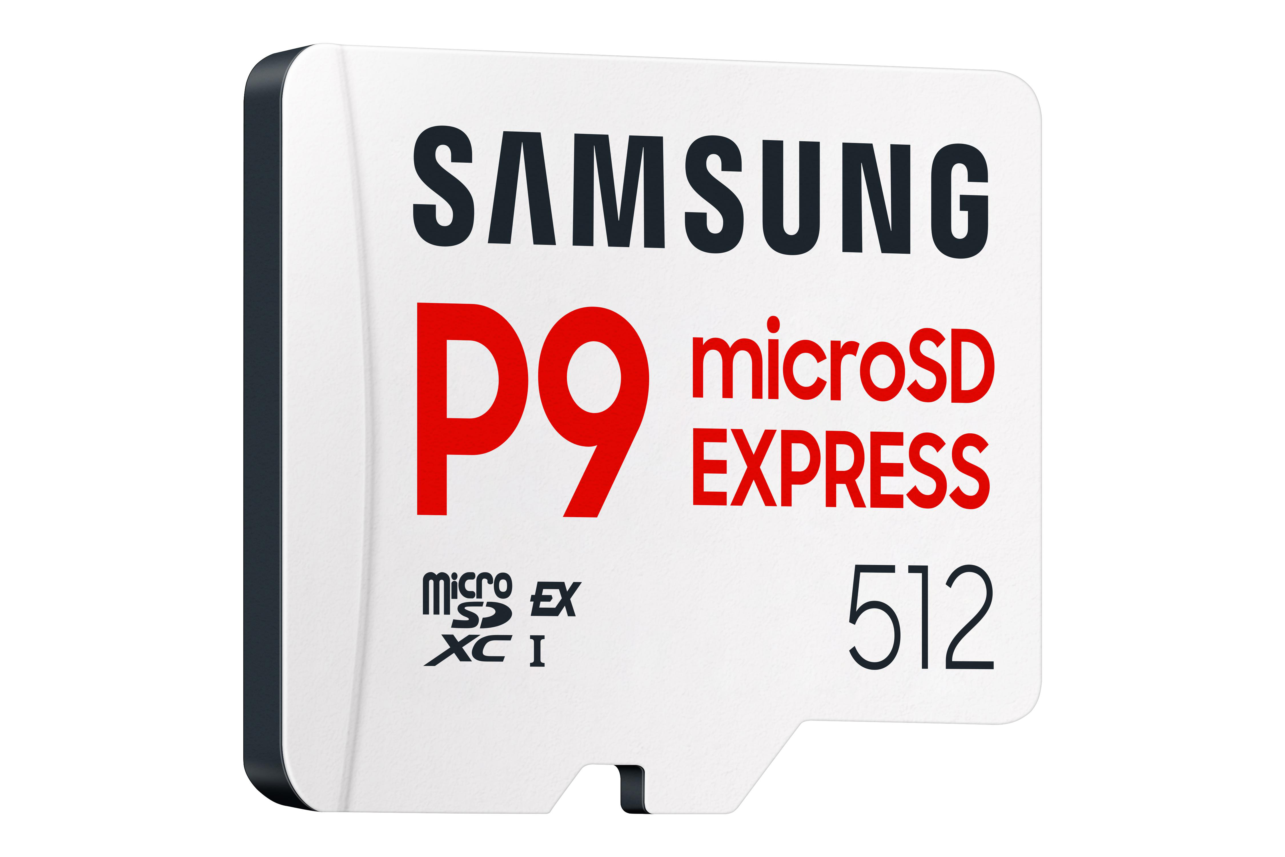 Eine Samsung microSD-Karte. Weiß mit schwarzem und rotem Text, darunter 'SAMSUNG', 'P9', 'microSD EXPRESS' und '512'.