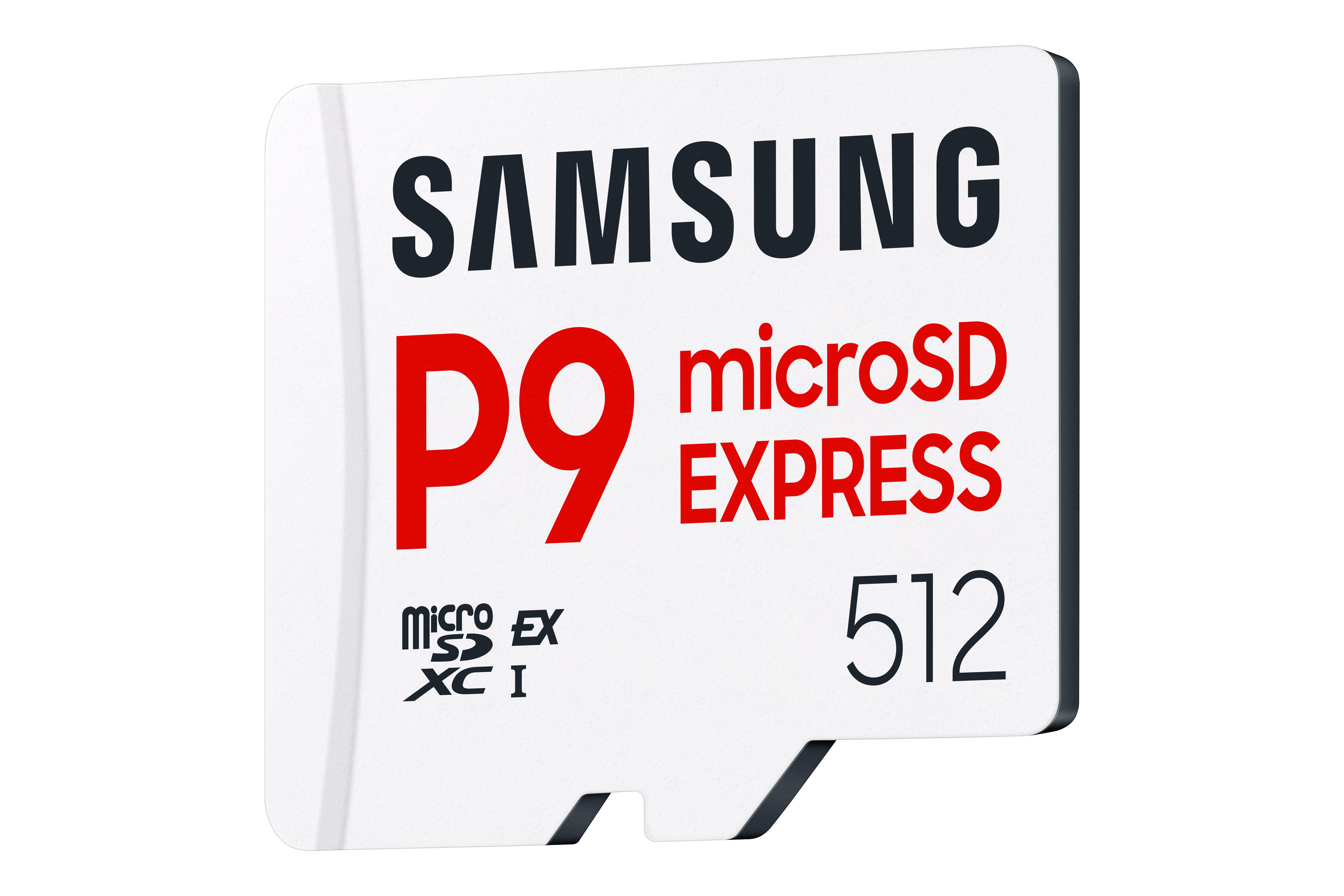 Eine weiße Samsung microSD-Karte mit schwarzem und rotem Text. Es steht 'SAMSUNG P9 microSD EXPRESS 512'.