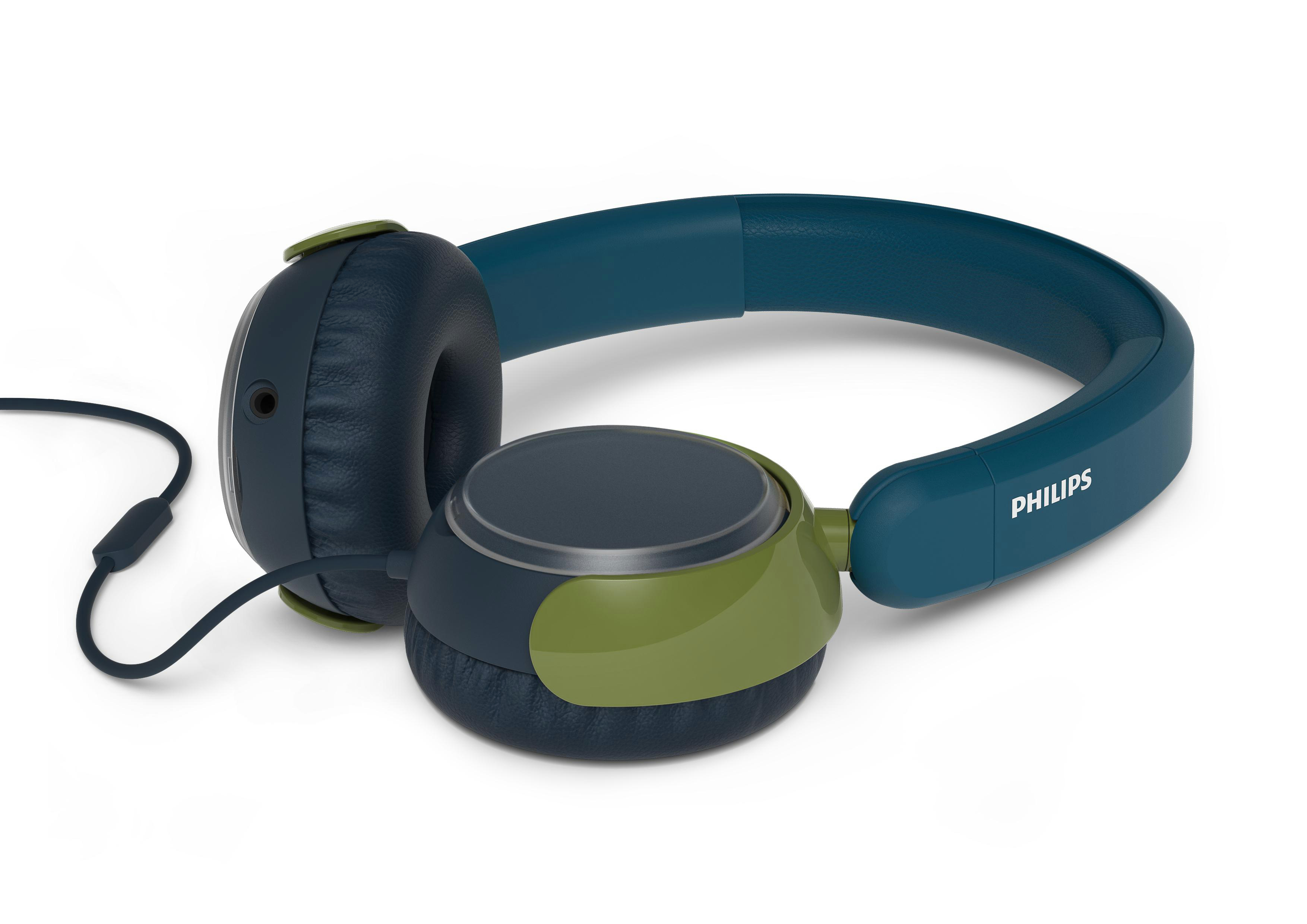 Blaue und grüne Philips-Kopfhörer auf weißem Hintergrund. Der Kopfbügel und die Ohrmuscheln sind blau und grün.