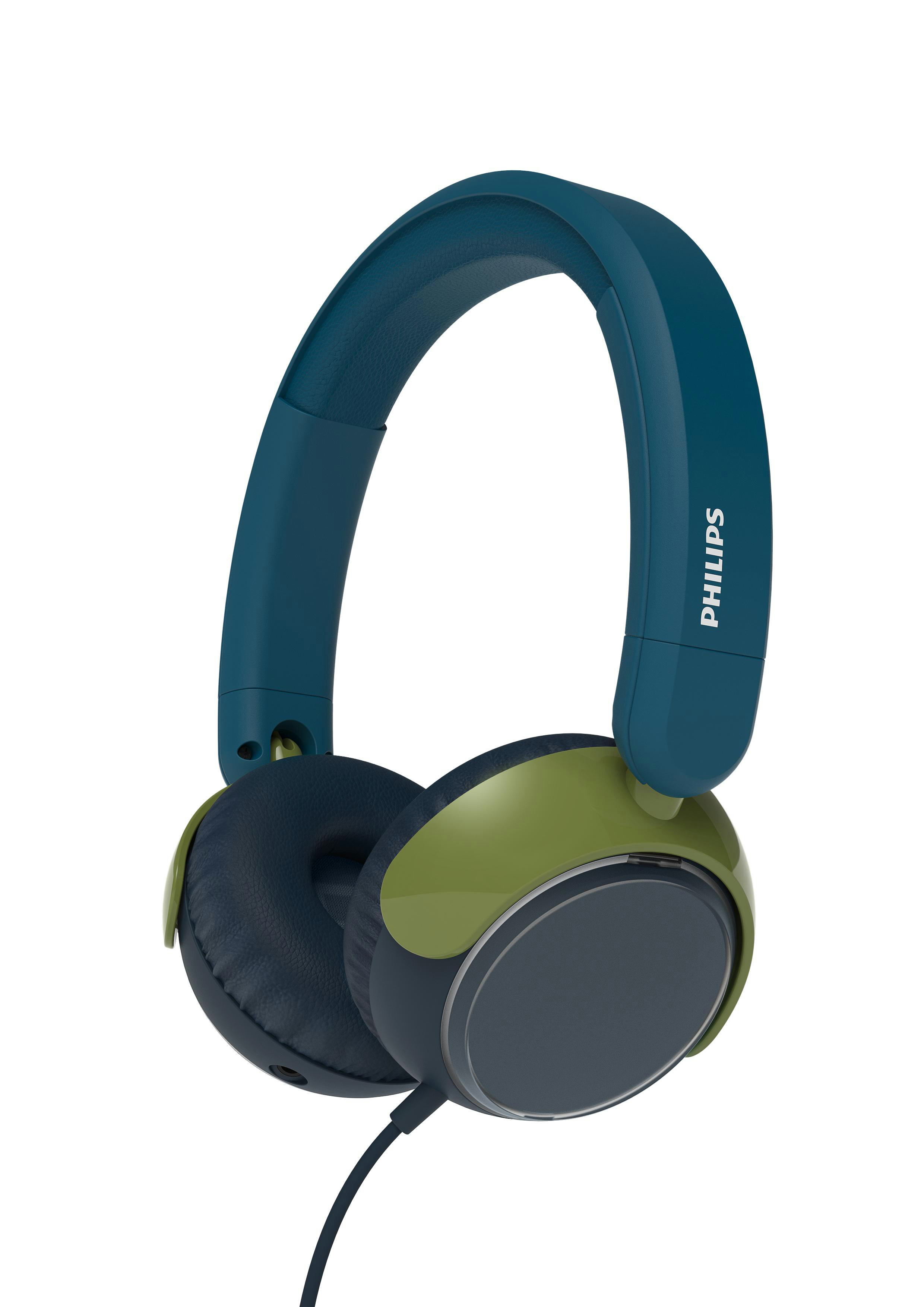 Kopfhörer mit blauem Bügel und Ohrmuscheln mit olivgrünen und dunkelgrauen Details sowie einem schwarzen Kabel.