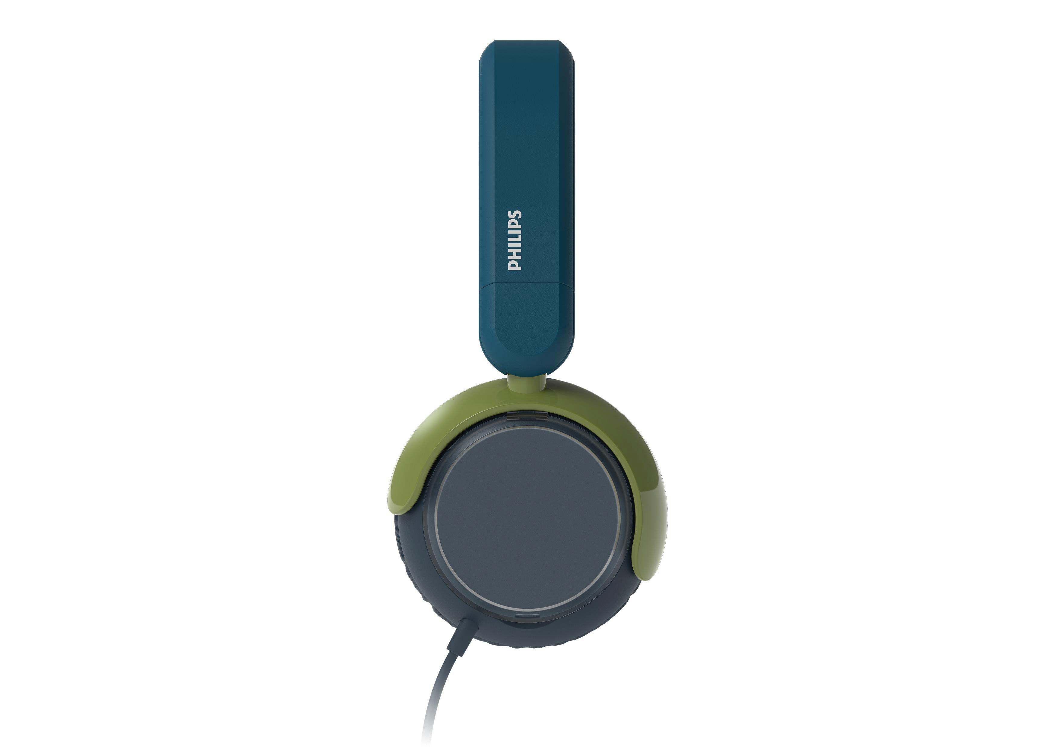 Kopfhörer, türkis und olivgrün, mit Philips-Logo. Graue Ohrmuscheln, schwarzes Kabel vor weißem Hintergrund.