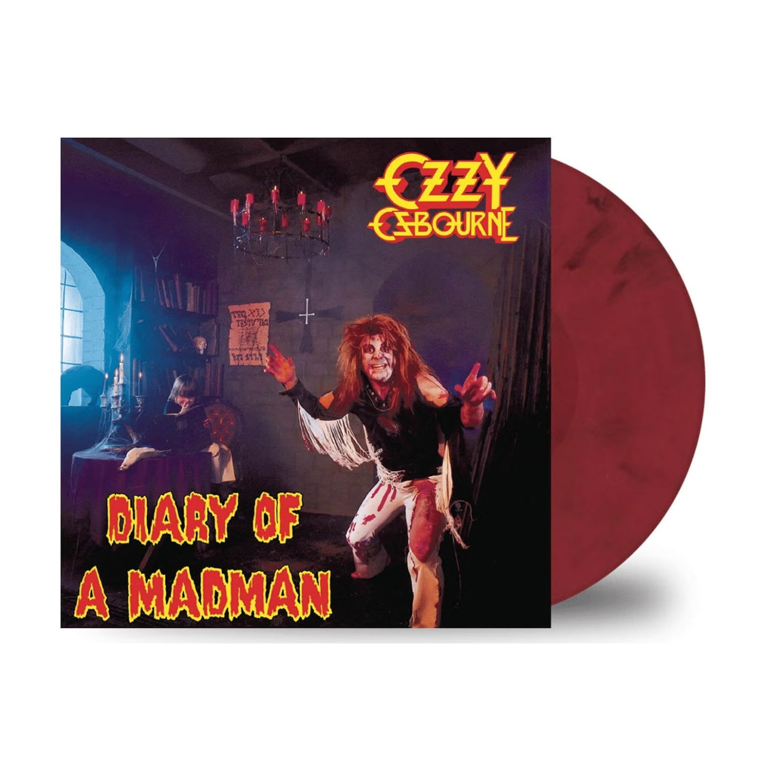 Copertina dell'album: Ozzy Osbourne in una stanza spettrale. Disco rosso. Testo: Diary of a Madman. Altre figure sullo sfondo.