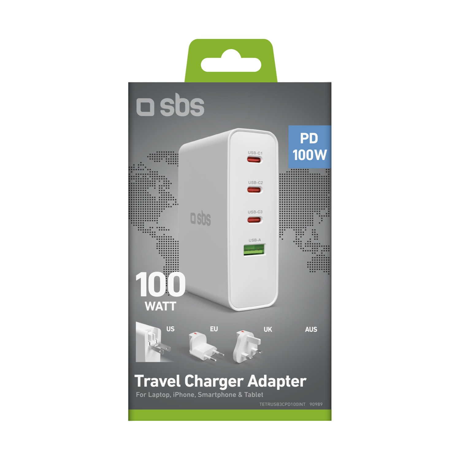 Un adattatore caricatore da viaggio bianco su una confezione. Ha più porte USB e supporta 100W, con diversi tipi di spina per varie regioni.