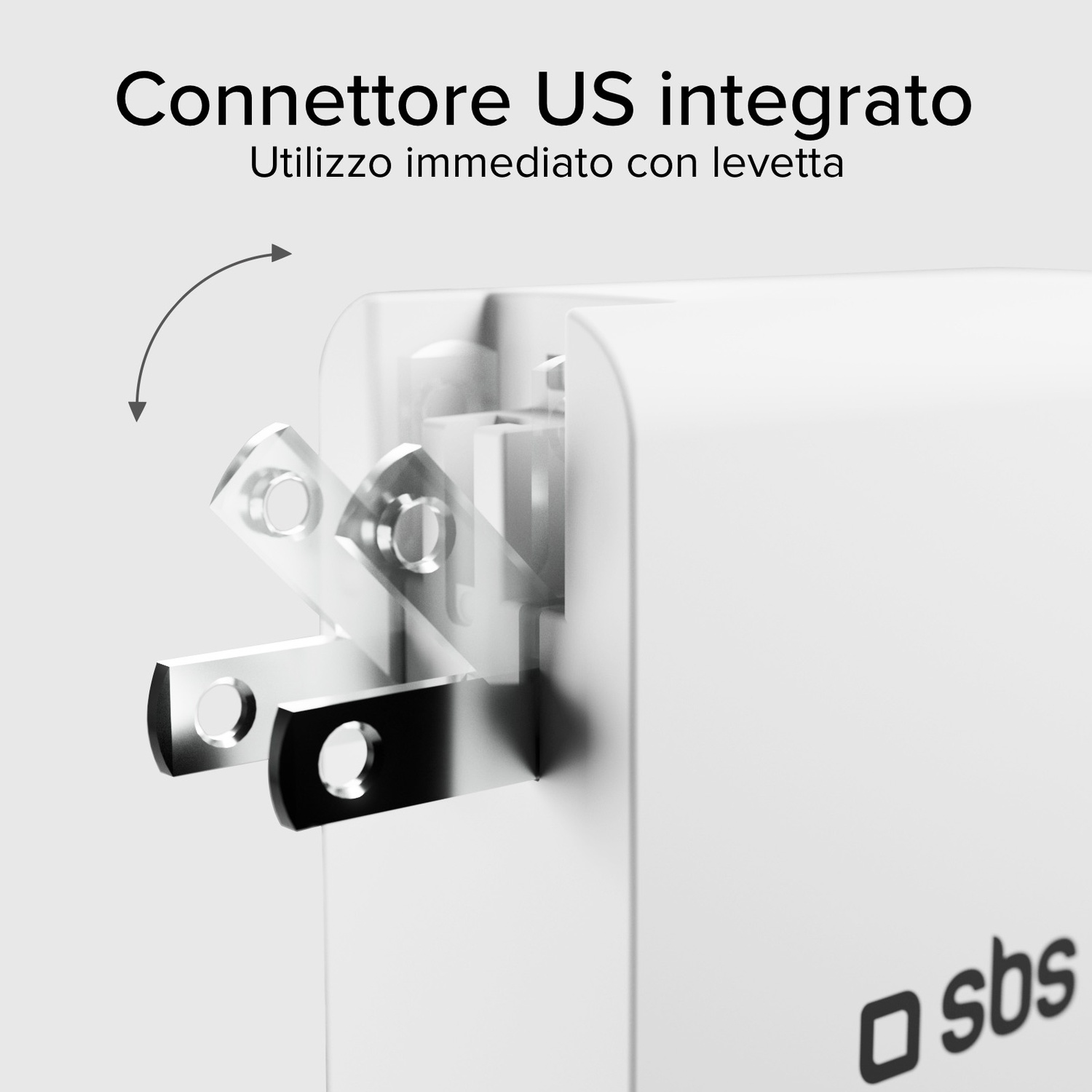 Adattatore di alimentazione bianco con spina USA integrata. La spina è parzialmente estesa, con una freccia che ne indica il movimento.