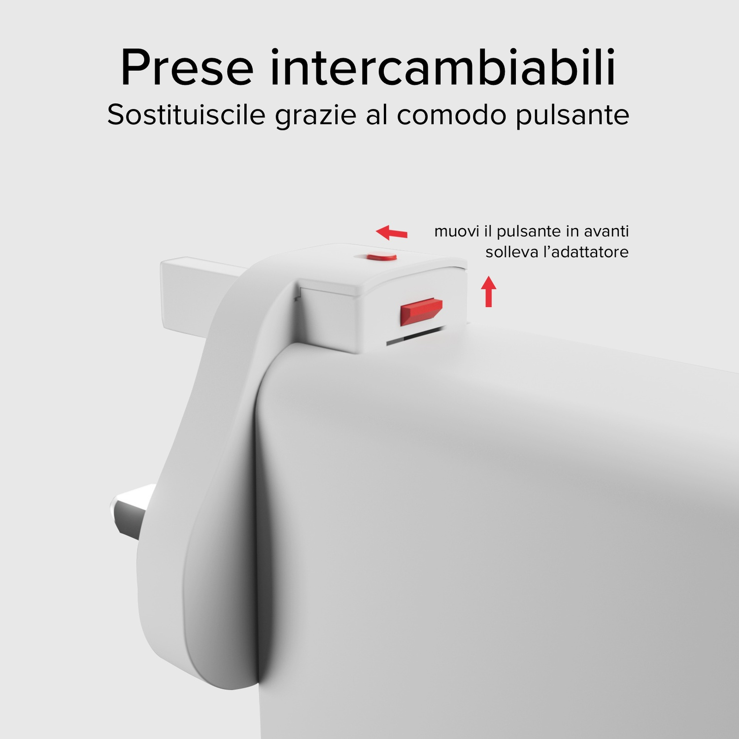 Un adattatore bianco con un pulsante rosso. Il testo mostra come sostituirlo. Frecce indicano il movimento del pulsante e dell'adattatore.