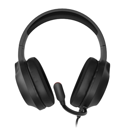 Czarne słuchawki dla graczy z mikrofonem. Zestaw słuchawkowy ma wyściełany pałąk i nauszniki oraz elastyczne ramię mikrofonu.