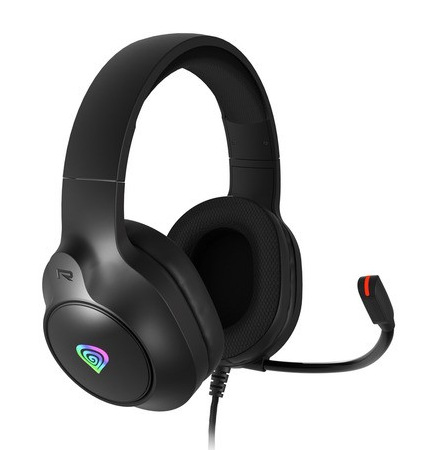 Czarne słuchawki dla graczy z mikrofonem. Słuchawki mają kolorowe logo na nauszniku i czerwony akcent na mikrofonie.