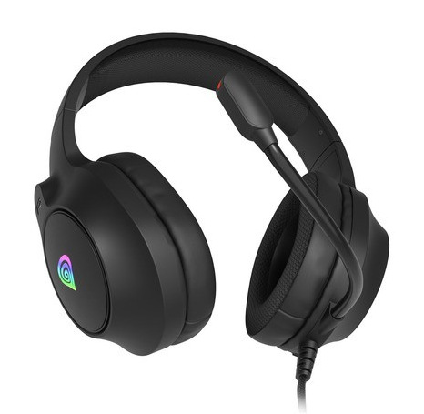 Czarne słuchawki dla graczy na białym tle. Posiadają nauszniki, pałąk i mikrofon. Na nauszniku znajduje się logo.