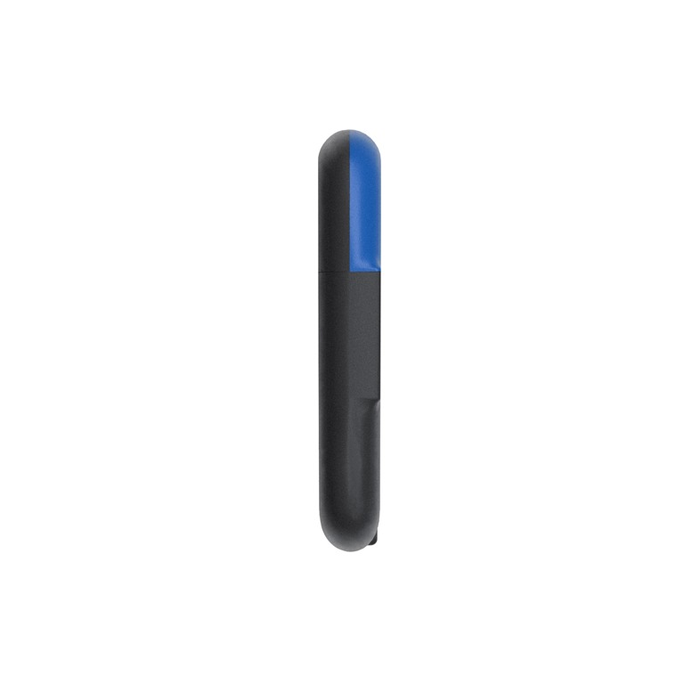 Ein schwarzer und blauer Marker ist auf weißem Hintergrund zentriert. Der Marker hat eine abgerundete Oberseite mit blauen und schwarzen Abschnitten.