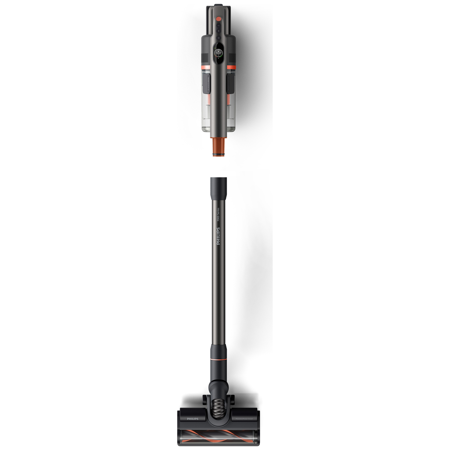A disassembled Philips cordless vacuum cleaner, top view. The top part is detached. Dark gray and orange accents. White background.