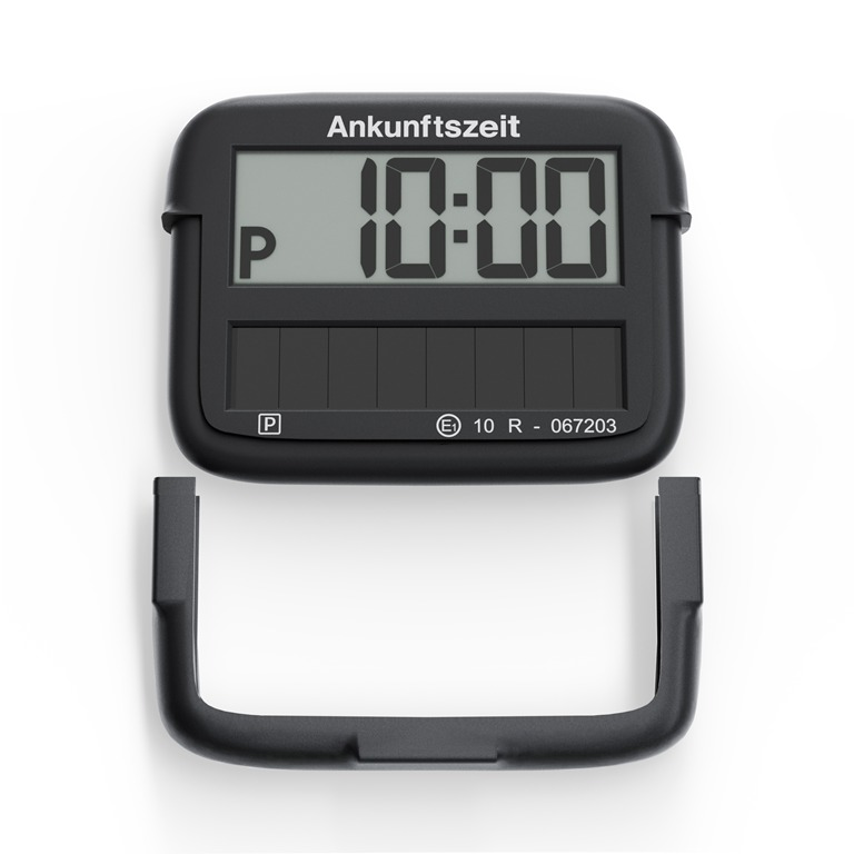 Schwarzer digitaler Parktimer, der 10:00 Uhr anzeigt. Das Gerät hat ein Display, Tasten und einen abnehmbaren Griff. Der Text 'Ankunftszeit'.