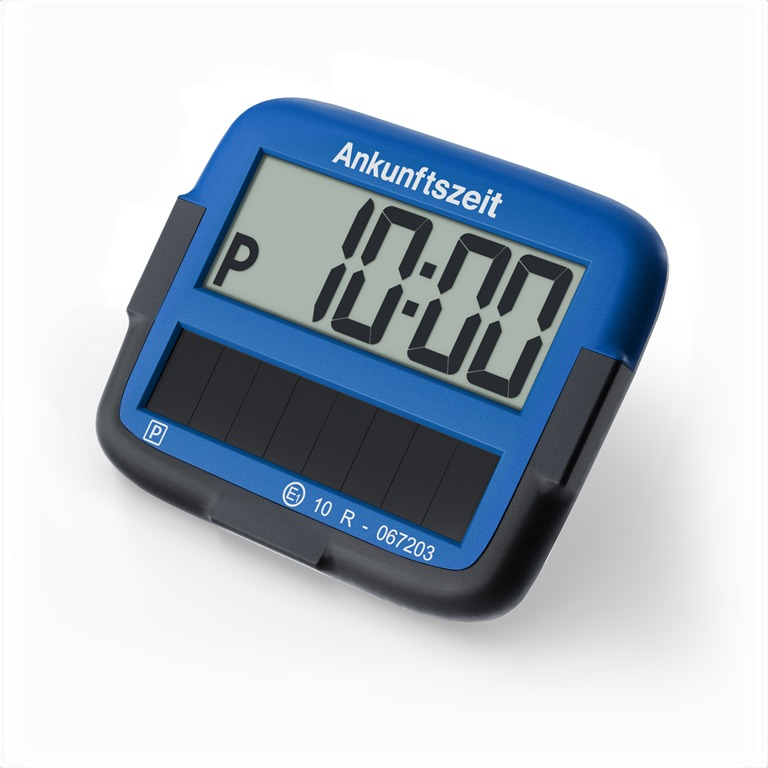 Blauer digitaler Timer mit der Anzeige 10:00. Er hat einen schwarzen Rahmen und ein Solarpanel. Der Text 'Ankunftszeit' ist sichtbar.