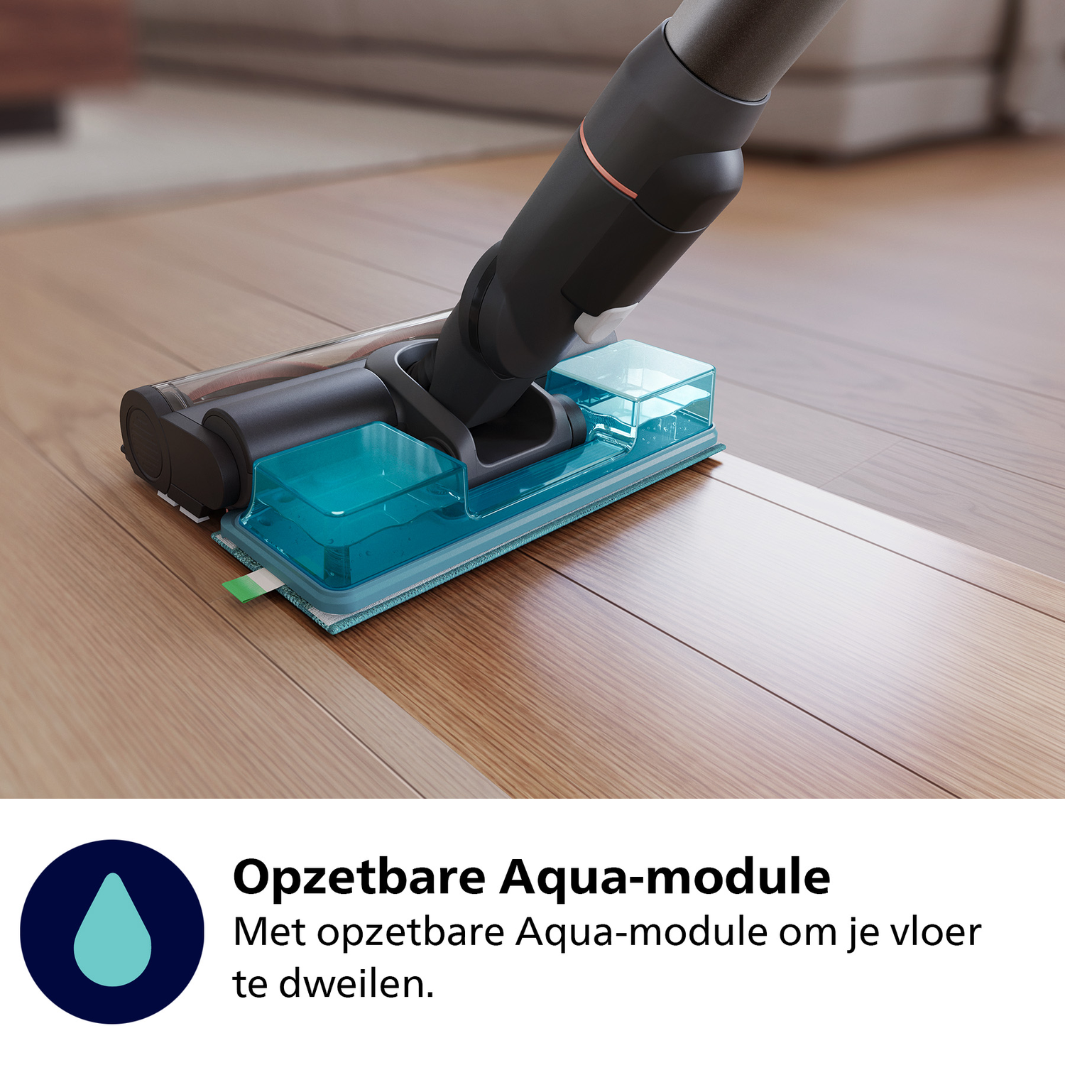 A close-up of a vacuum cleaner head with a turquoise water reservoir on a wooden floor. The vacuum cleaner is black and grey.