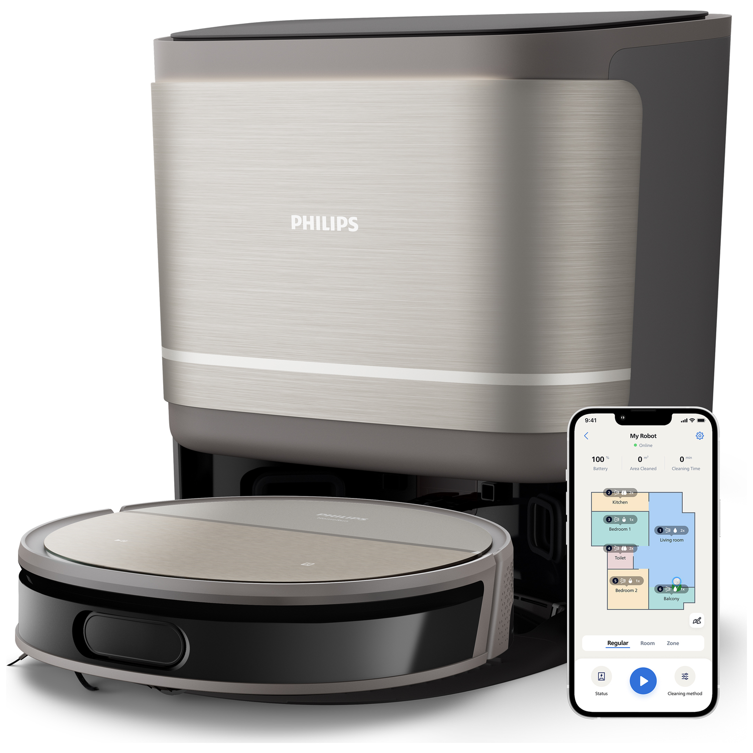 A Philips robot vacuum cleaner and charging station. A smartphone displays a cleaning map. The vacuum is black and silver.