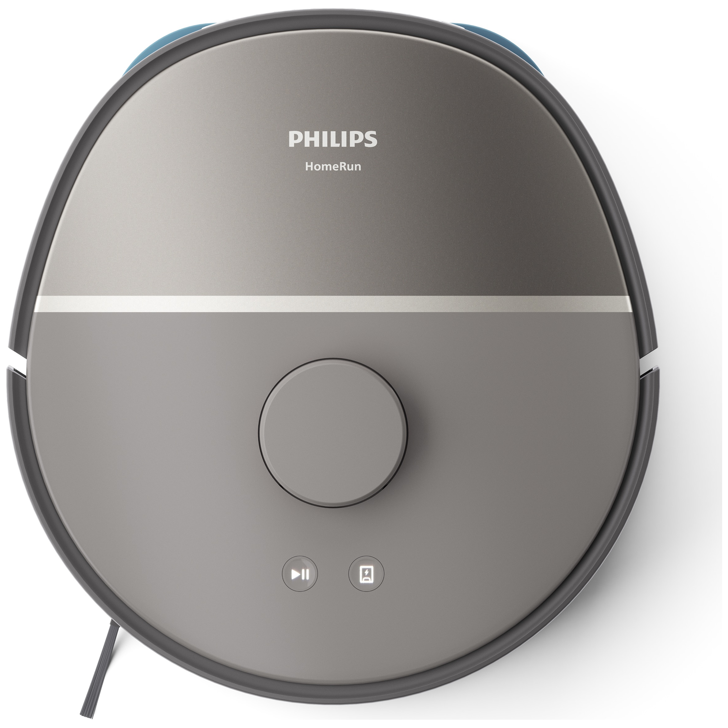 Top view of a Philips HomeRun robot vacuum cleaner. Gray and black, circular design. Has power and charging icons.