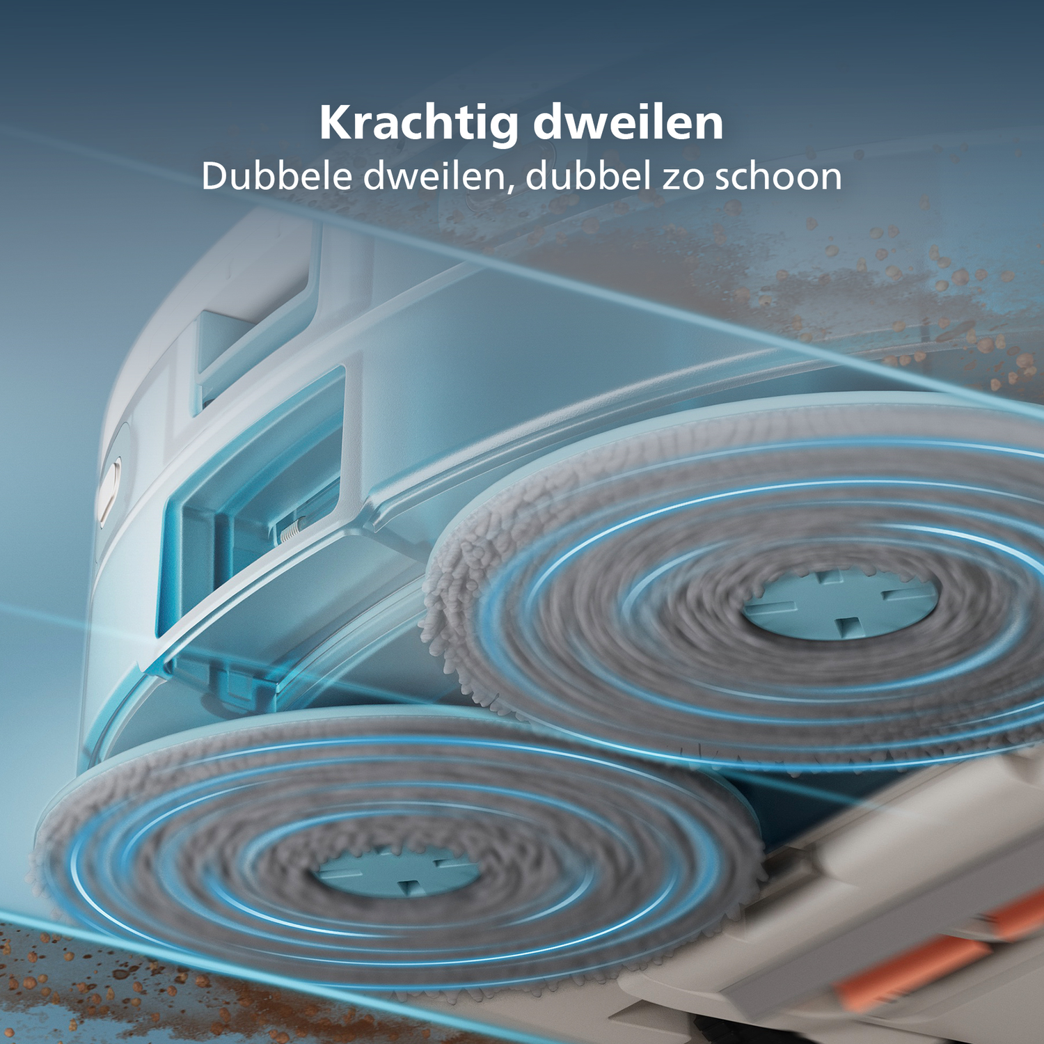 A close-up of a cleaning robot with two rotating mops. The robot is white and blue, with text at the top.