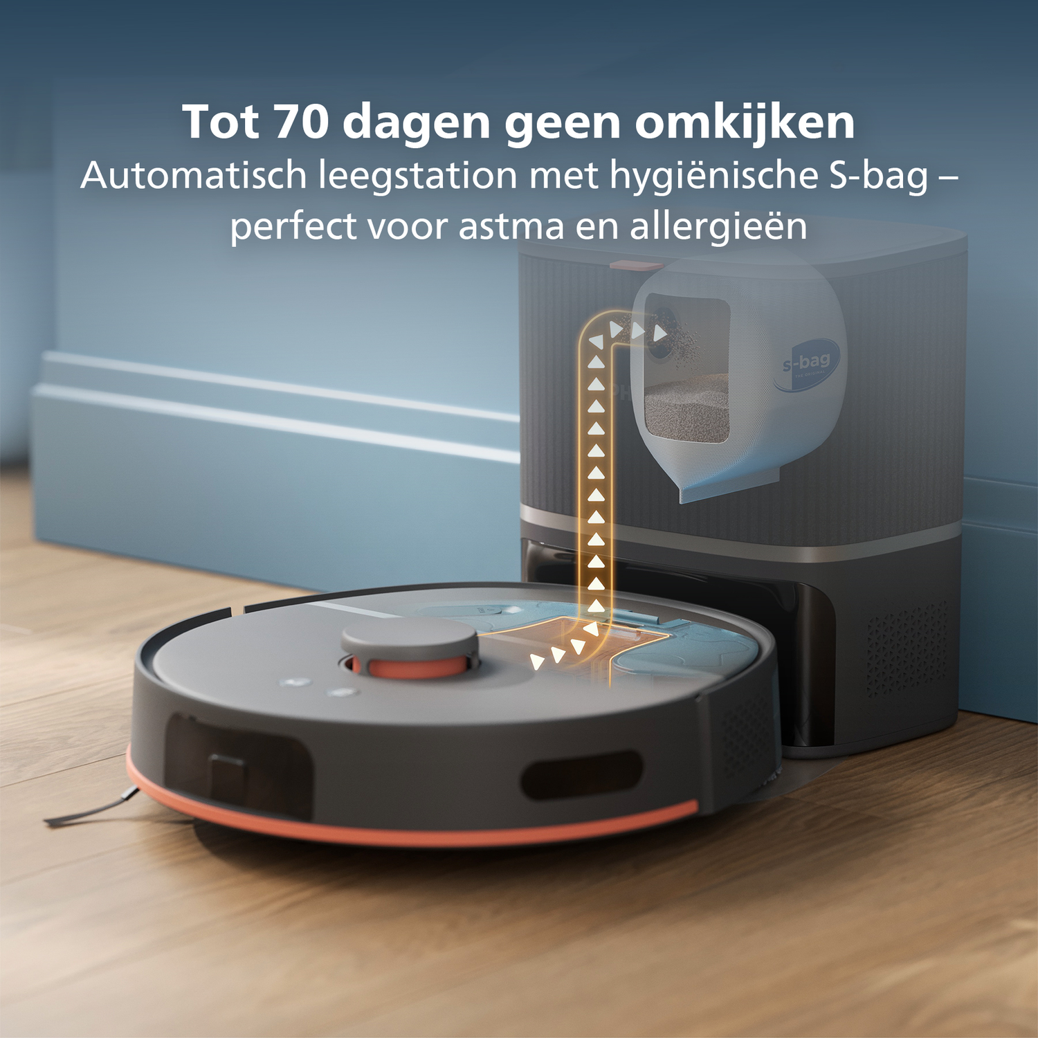 A robot vacuum cleaner and its charging station. The station has an S-bag for hygiene. Text says it is perfect for asthma and allergies.