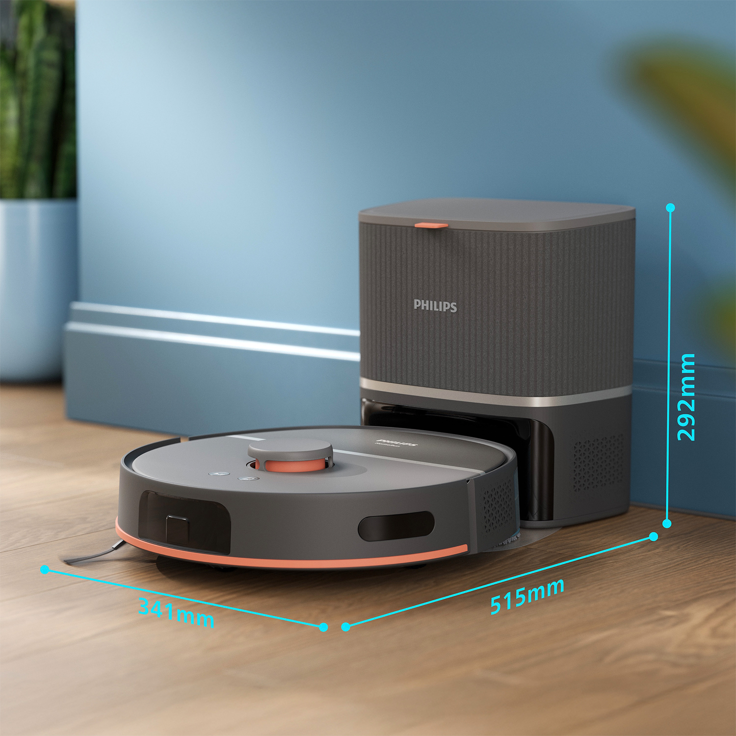 A Philips robot vacuum and charging station sit on a wooden floor. Dimensions are provided: 341mm, 515mm, and 292mm.