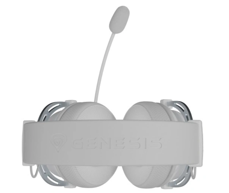 Biały zestaw słuchawkowy dla graczy z logo Genesis. Posiada mikrofon, nauszniki i pałąk. Zestaw słuchawkowy na białym tle.