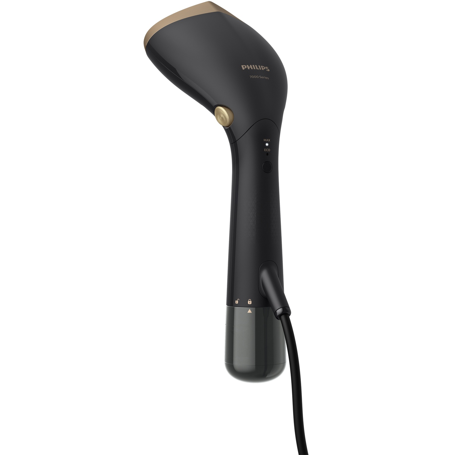 Un défroisseur Philips série 7000 noir. Il a un dessus doré, une poignée avec des boutons et un cordon d'alimentation.
