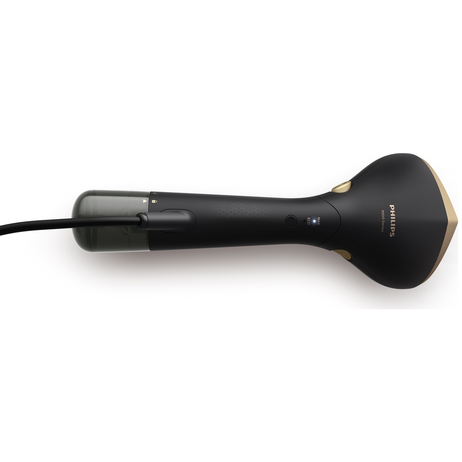 Un défroisseur Philips noir avec une tête dorée est posé sur une surface blanche. Un cordon noir est connecté à la poignée.