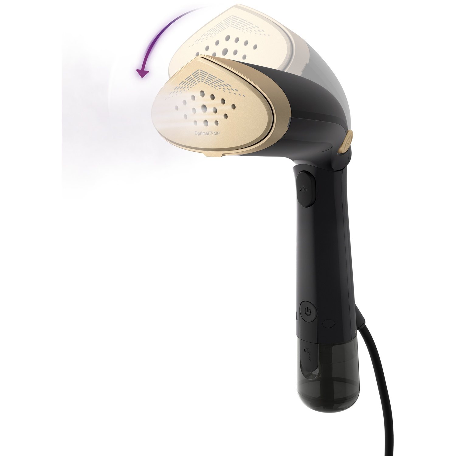 Un défroisseur vapeur portable noir et doré. La tête du défroisseur est dorée avec des trous et la poignée est noire avec des boutons.