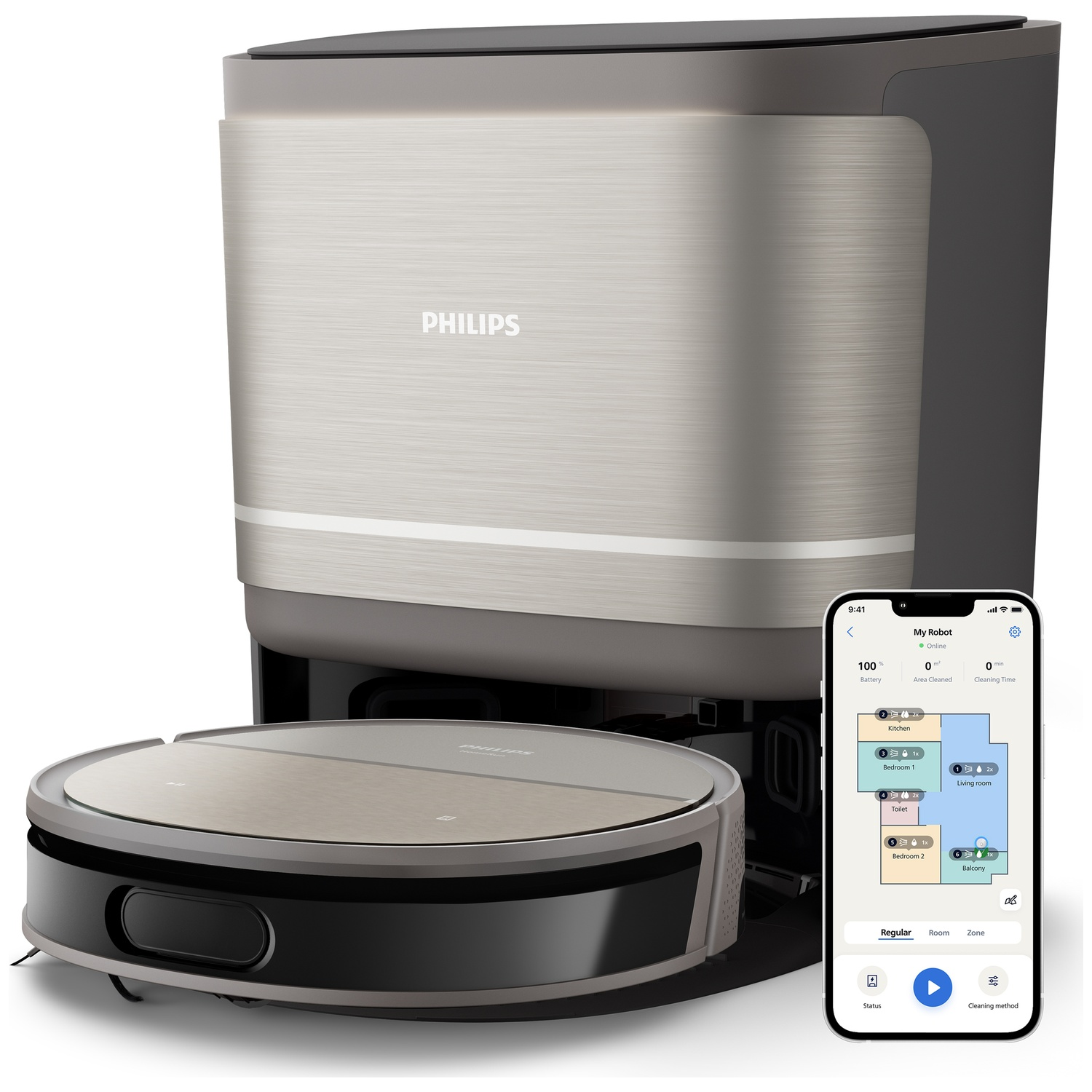 Een Philips robotstofzuiger met een dockingstation en een smartphone die een kamerkaart en de schoonmaakstatus toont.