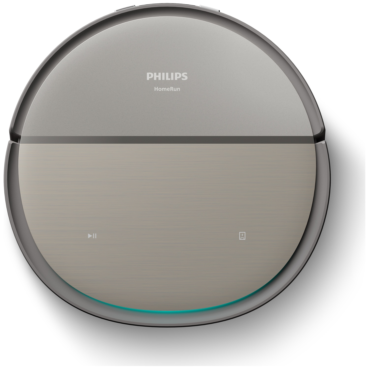 Bovenaanzicht van een Philips HomeRun robotstofzuiger. Hij is grijs, met een afspeel/pauzeknop en een oplaadindicator.