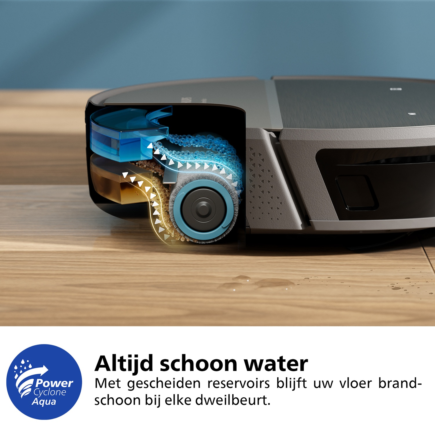 Een robotstofzuiger met een doorsnede die interne water- en reinigingscomponenten op een houten vloer laat zien.