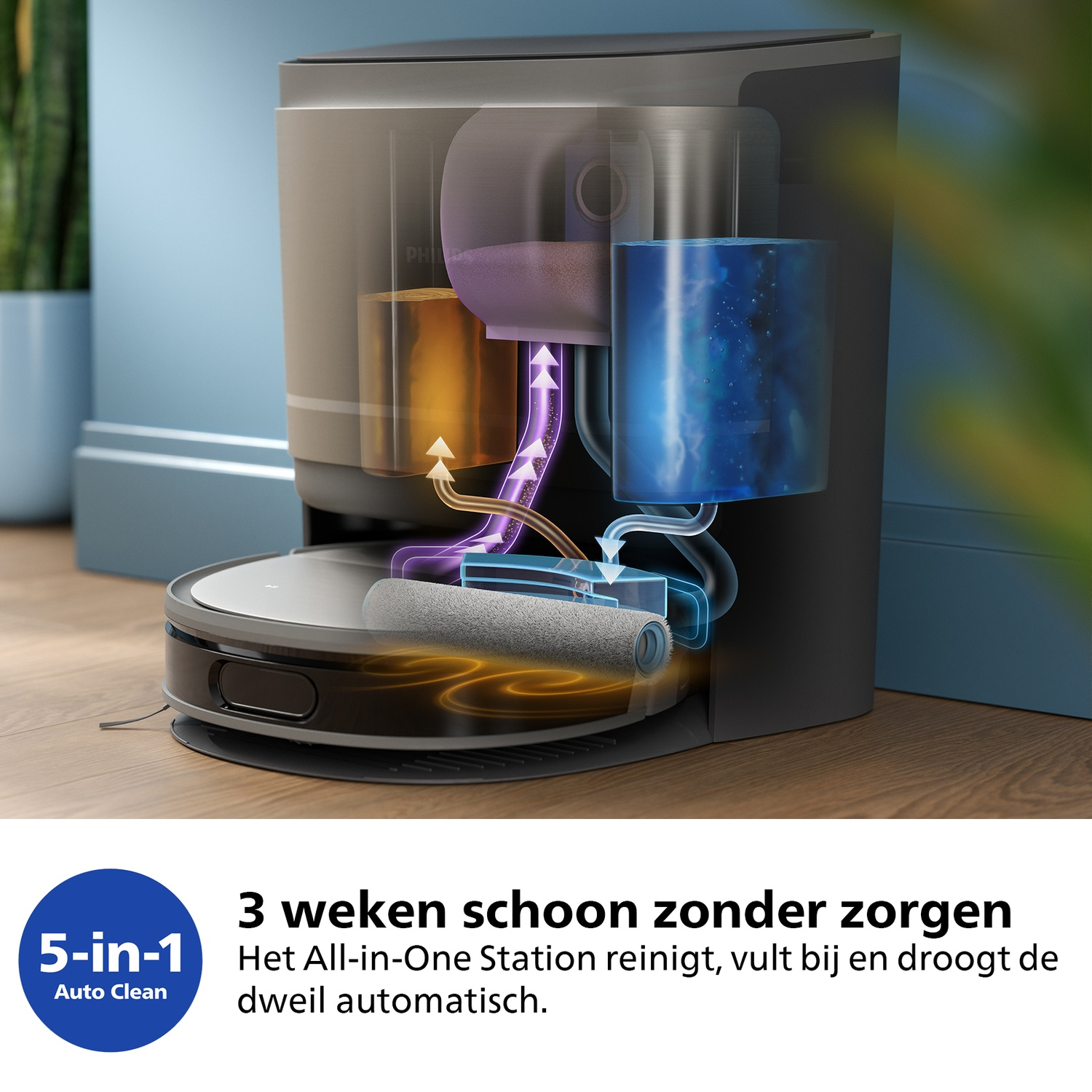 Een 5-in-1 automatische reinigingsrobotstofzuiger met een reinigingsstation. Transparante containers tonen water en reinigingsoplossingen.