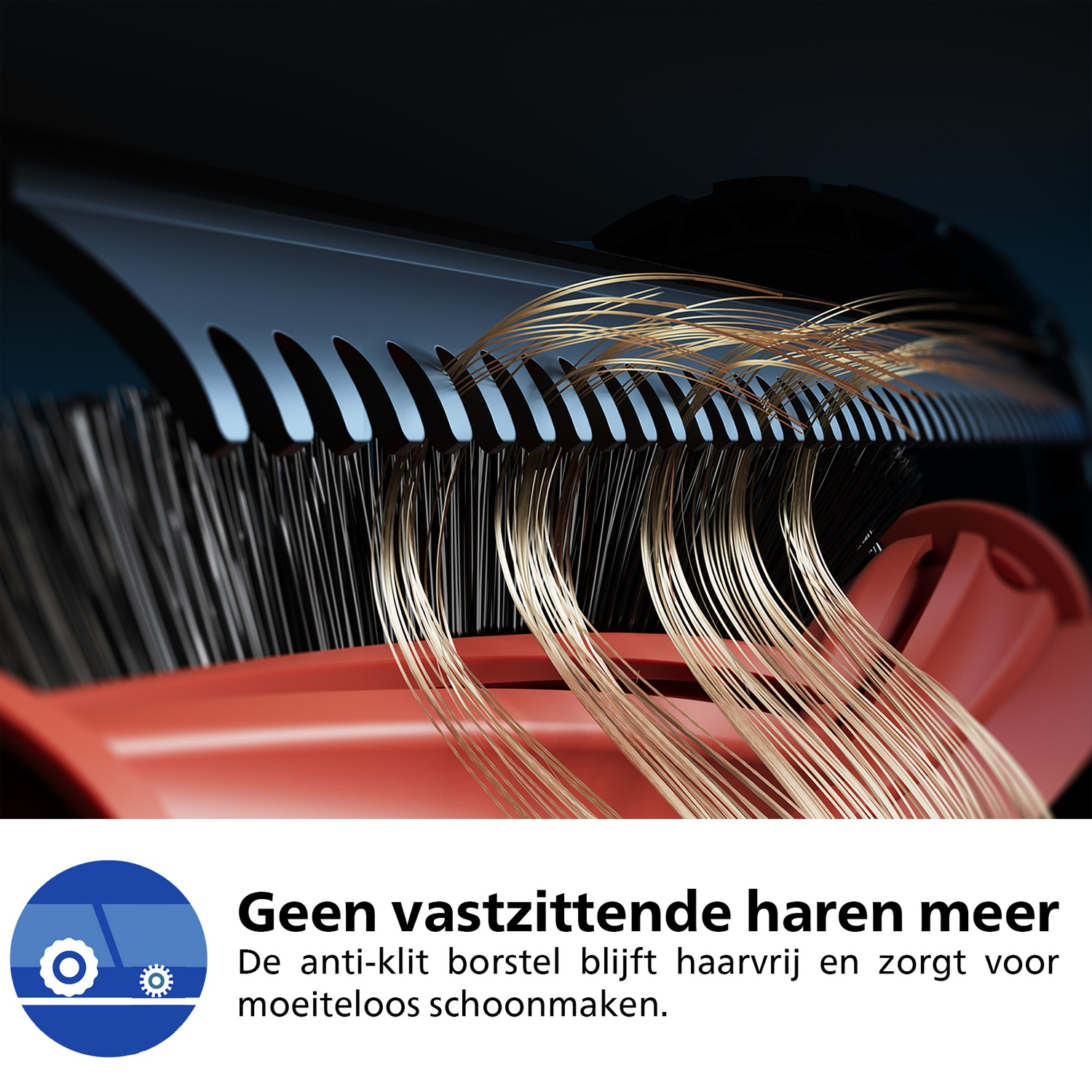 Close-up van een haarborstel met haarstrengen. De borstel is rood en zwart, met een blauw-wit logo onderaan.