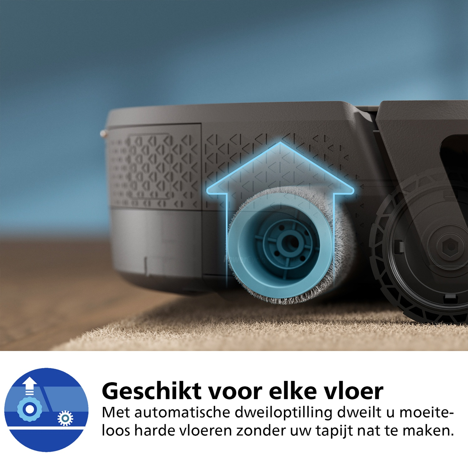 Close-up van een robotstofzuiger met een blauwe pijl boven de borstel. Tekst zegt: 'Geschikt voor alle vloeren'.