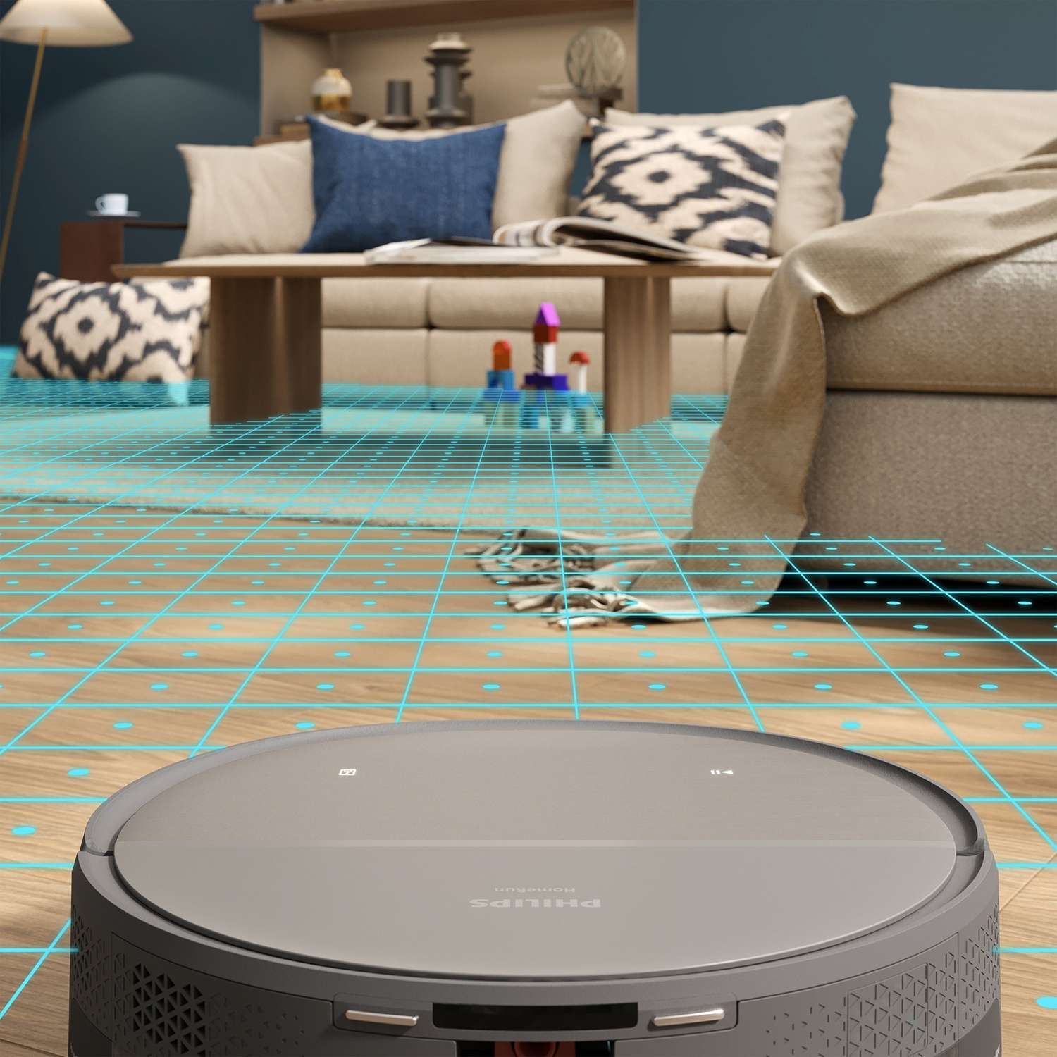 Een grijze robotstofzuiger op een houten vloer, met een bank en salontafel op de achtergrond. Er is een blauwe rasteroverlay aanwezig.