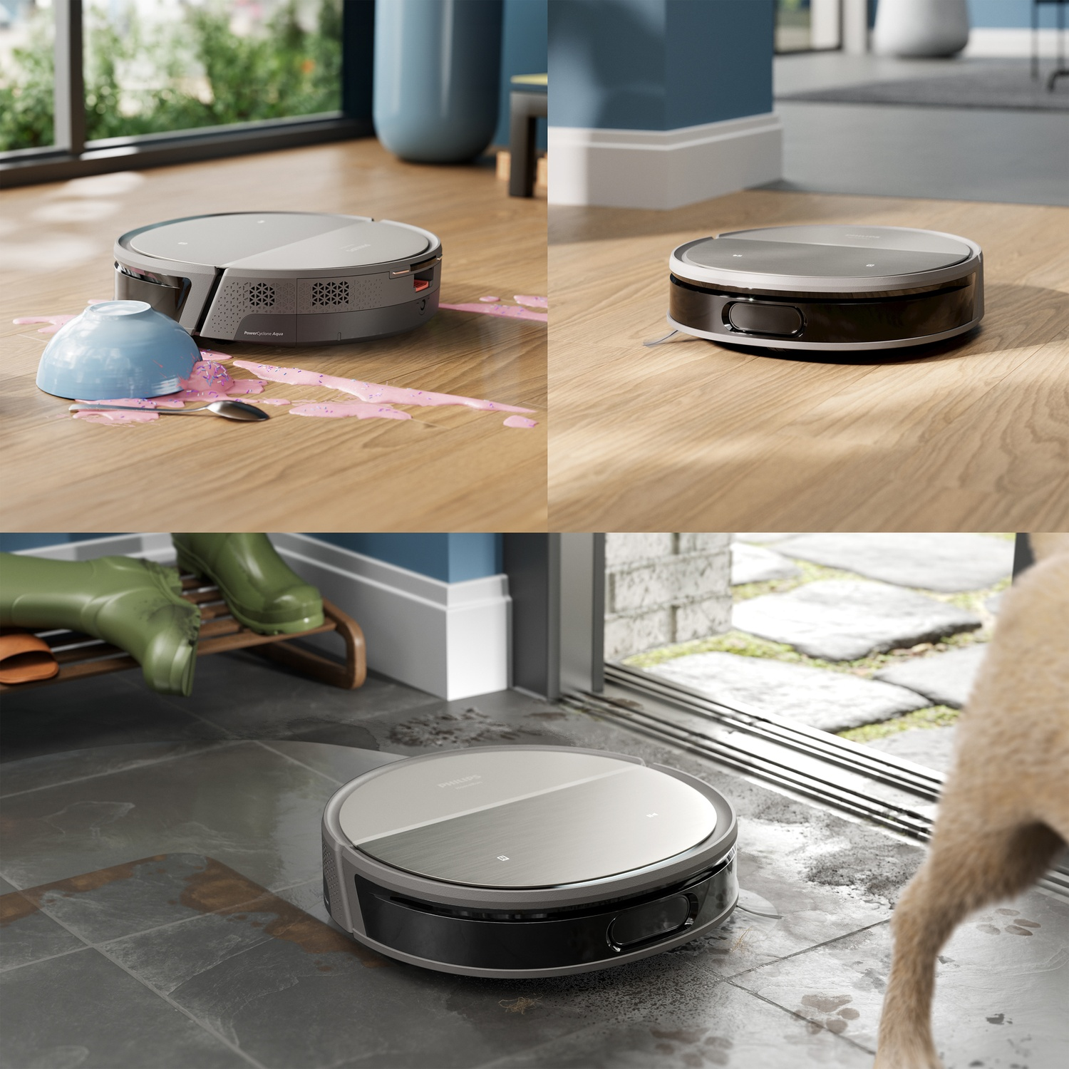 Een robotstofzuiger op een houten vloer, dichtbij een omgevallen kom en een lepel. Andere afbeeldingen tonen hem in verschillende omgevingen.