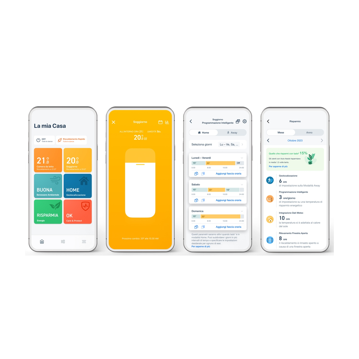 Schermi di smartphone che mostrano interfacce di applicazioni per la domotica. Mostra le impostazioni della temperatura, le funzioni di risparmio energetico e le opzioni di programmazione.