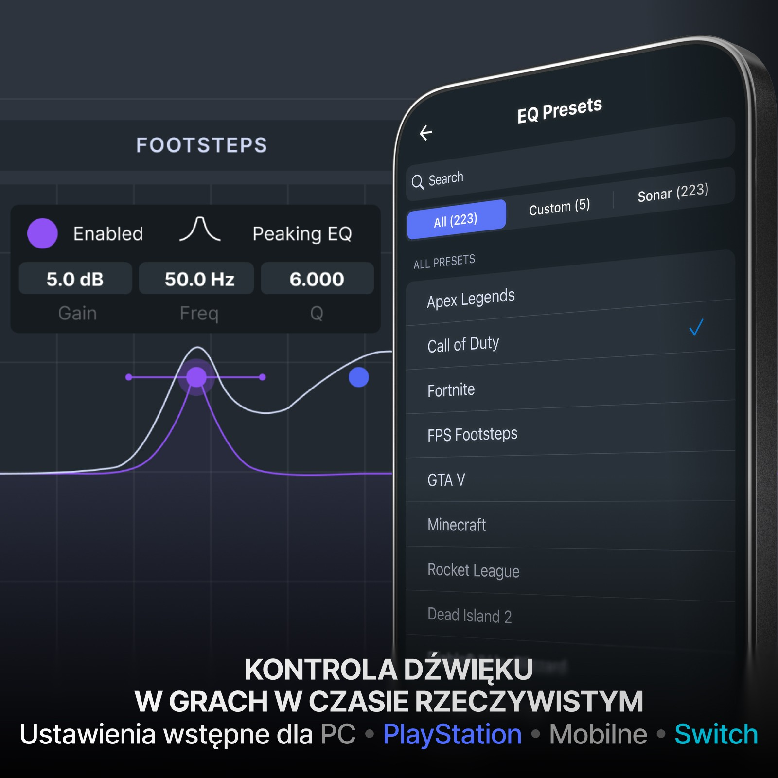 Obraz przedstawia interfejs aplikacji mobilnej z ustawieniami EQ dla gier. Zawiera wykresy i opcje gier.
