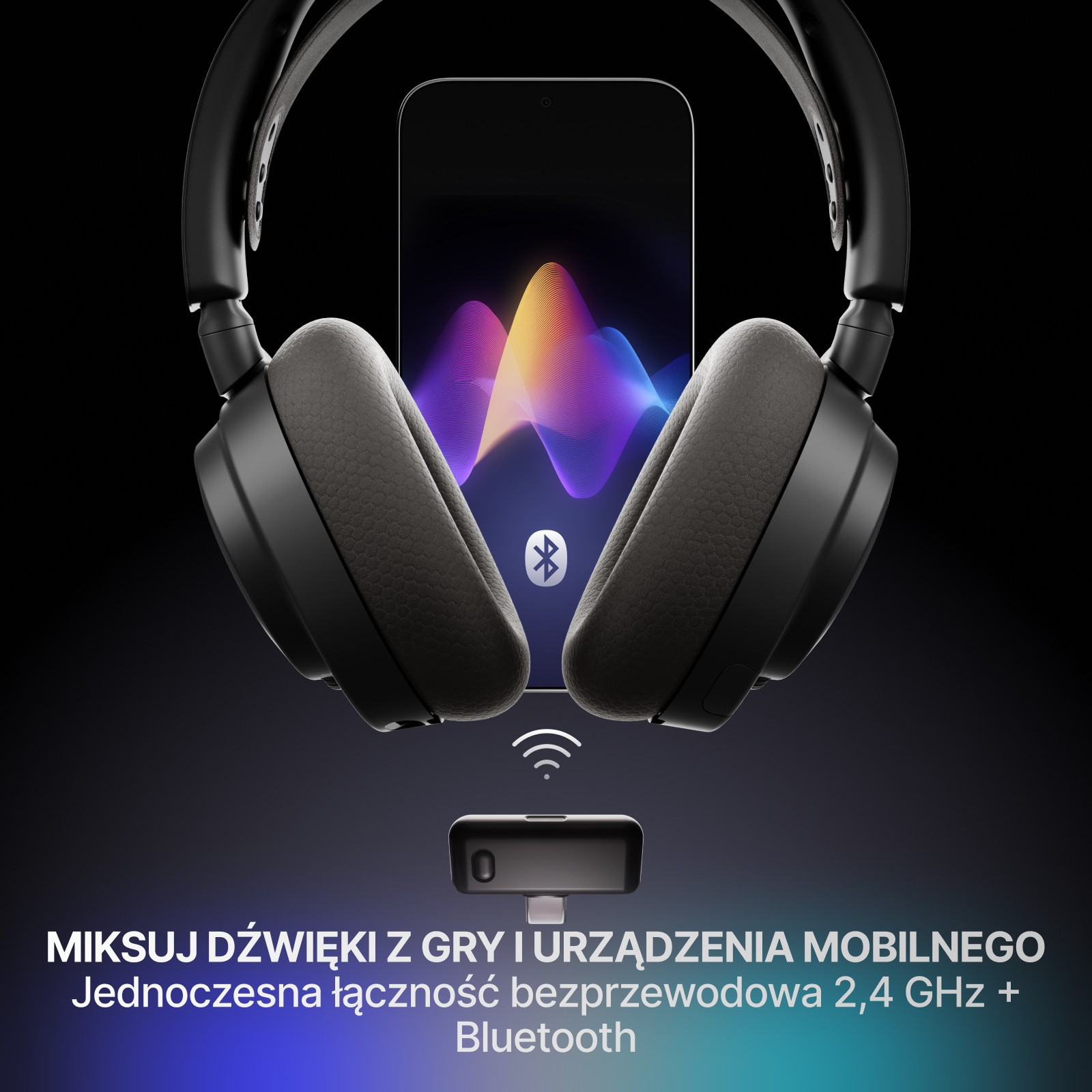 Czarne słuchawki otaczają telefon z falami dźwiękowymi. Poniżej odbiornik z sygnałem bezprzewodowym.