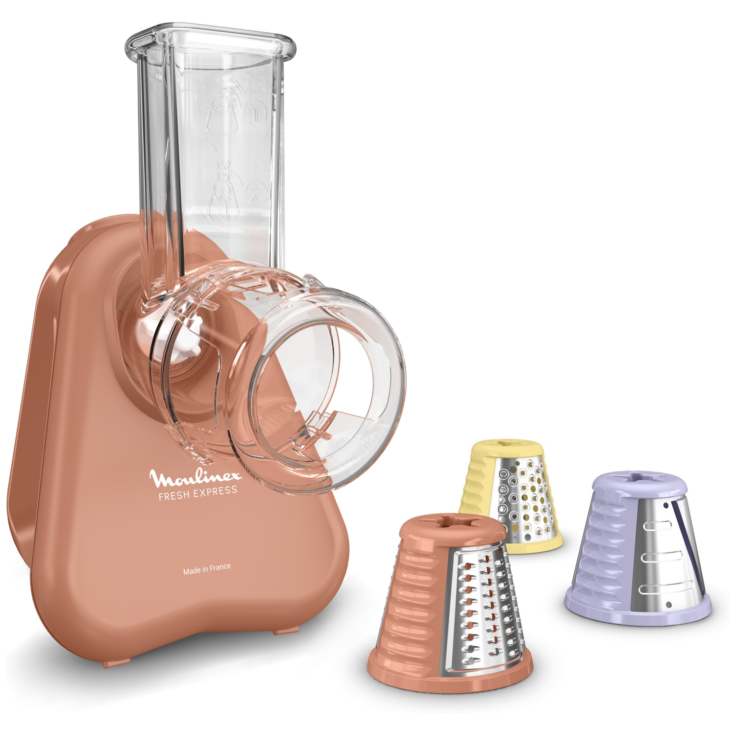 A Moulinex Fresh Express food processor. It's copper-colored with clear plastic parts. Three grater cones in yellow, lavender, and copper are beside it.