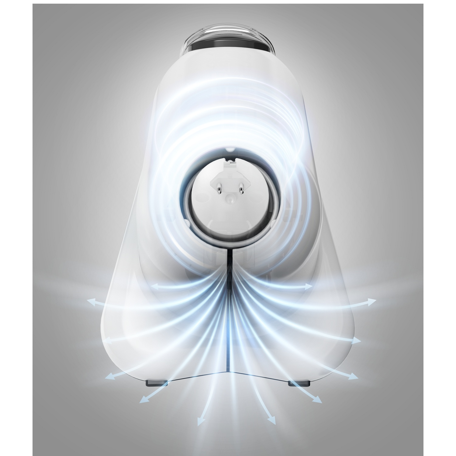 A white, futuristic device with glowing blue lines. Arrows indicate airflow. The background is a gradient gray.