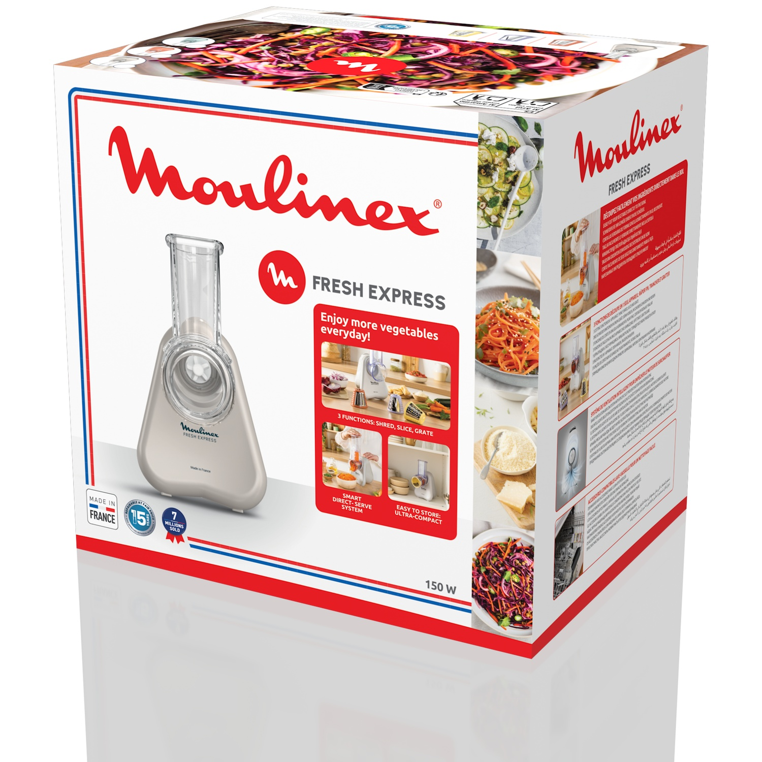 Moulinex Fresh Express box. A food processor is visible. The box shows vegetables and the product features.