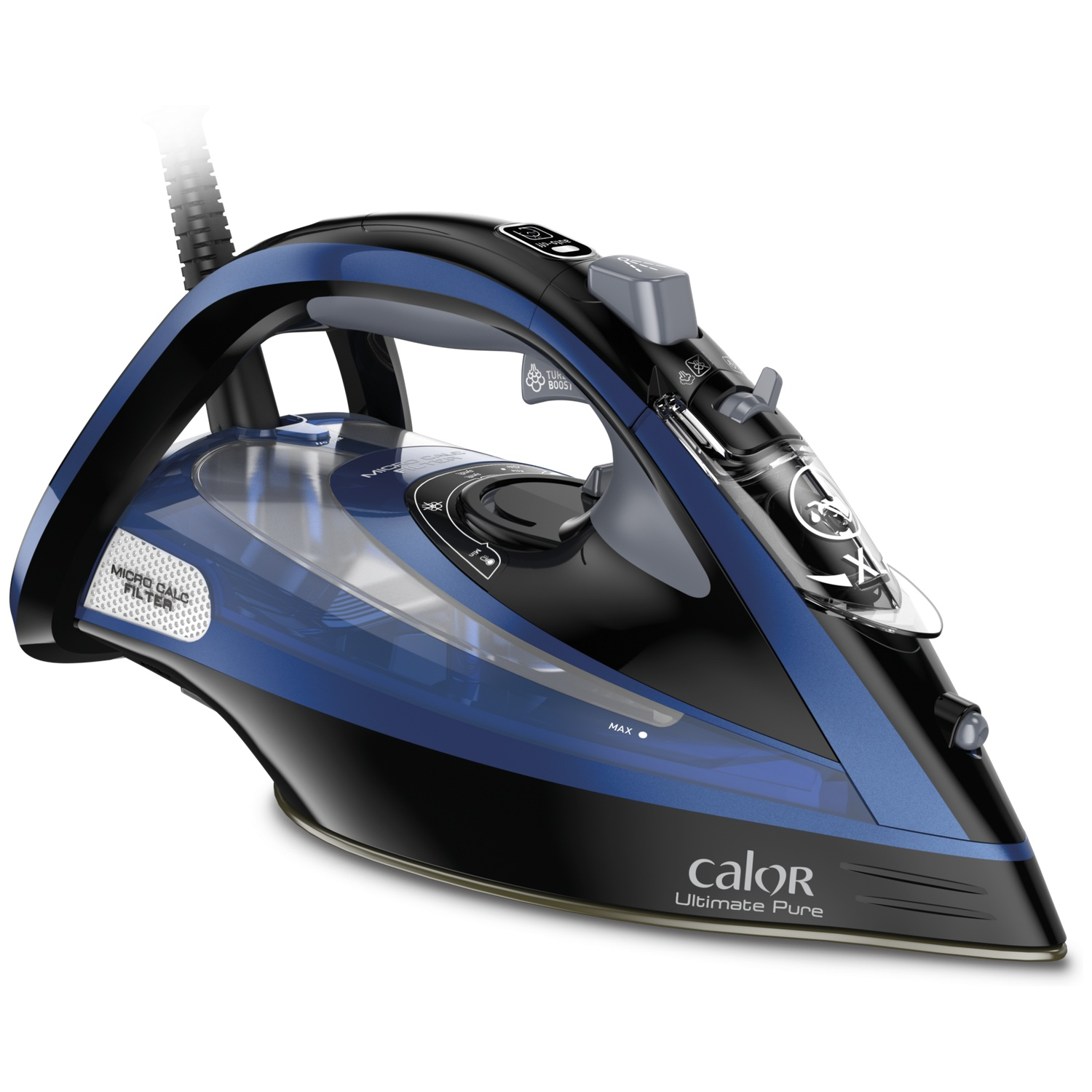 Un fer à repasser bleu et noir avec un réservoir d'eau. Le fer porte la marque "Calor Ultimate Pure".