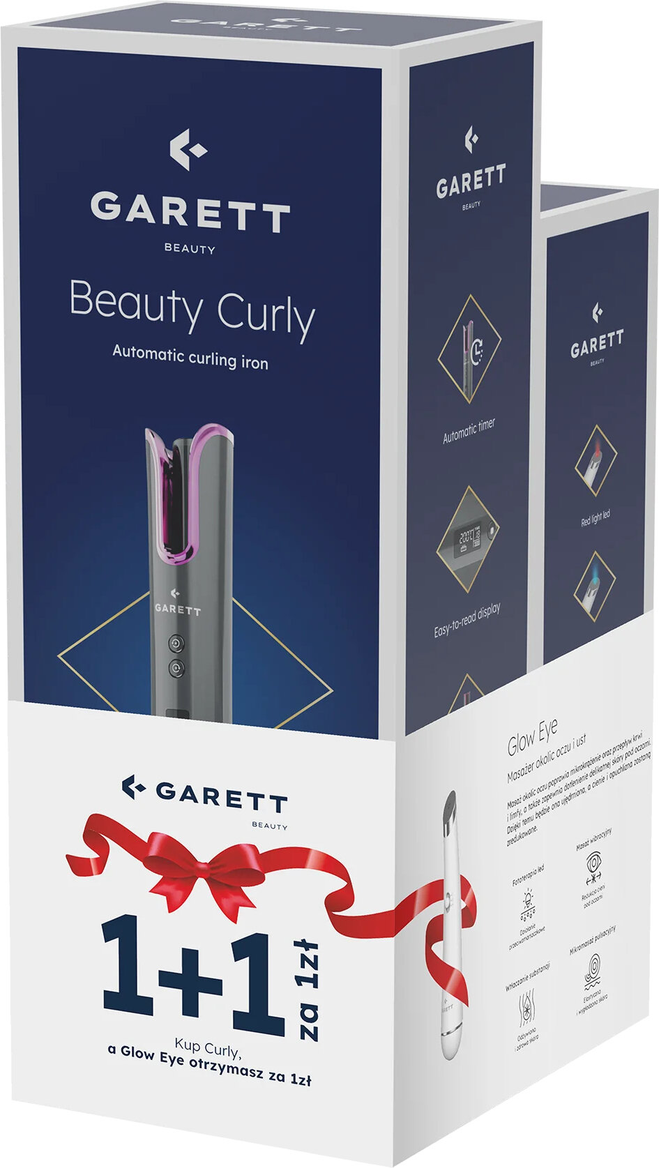 Pudełko na lokówkę i masażer do oczu. Zawiera zdjęcia i tekst produktu, z czerwoną wstążką i ofertą promocyjną.